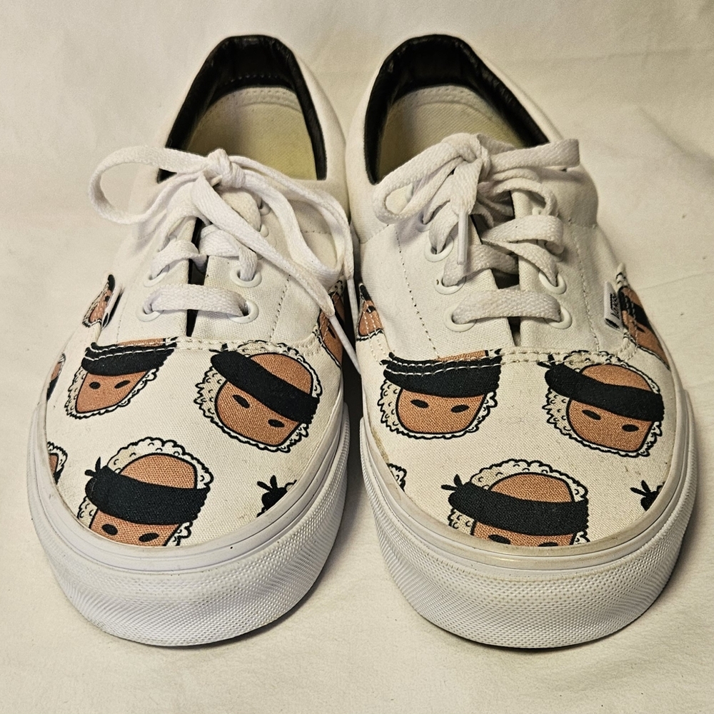 Unisex Vans Era model, with a custom sushi print pattern. Men's-9, Womens-10.5